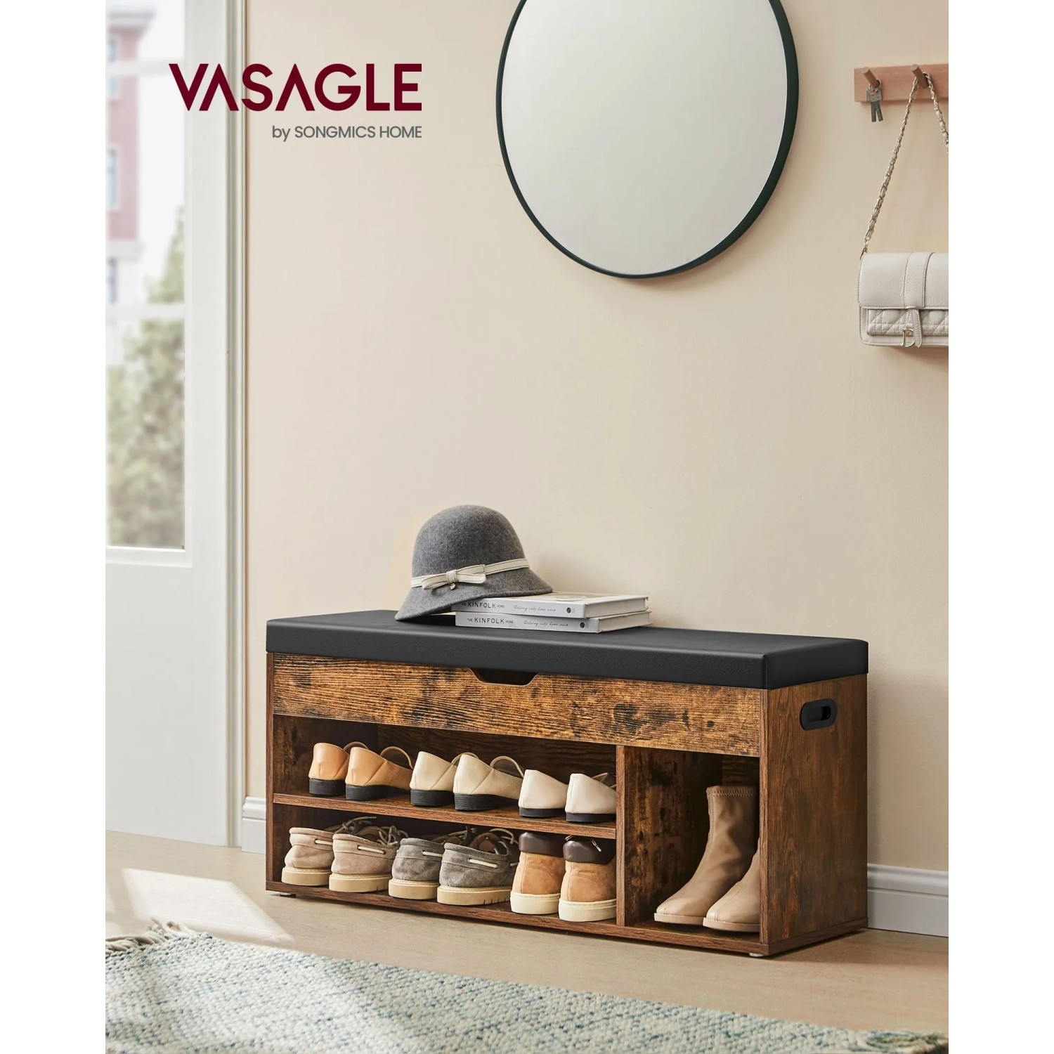 Vasagle Schuhbank in Vintagebraun mit Sitzfläche, Stauraum und Schuhregalen für bis zu 8 Paar Schuhe.