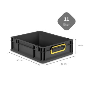 Schwarze 11L PROREGAL Eurobox mit gelben Griffen und Scharnierdeckel. Aufbewahrungsbox für Lager und Transport.