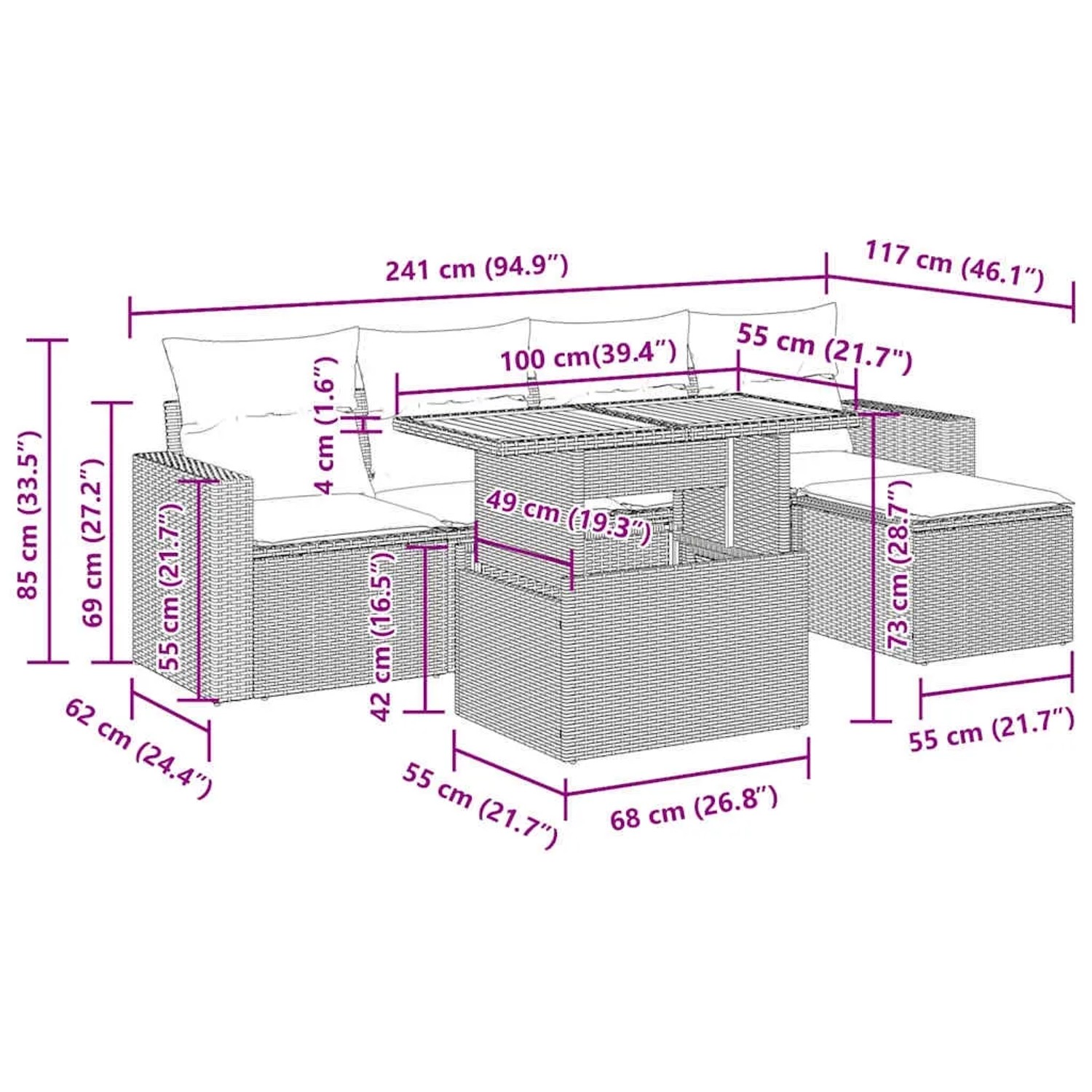 vidaXL 6-tlg. Garten-Sofagarnitur Beige Poly Rattan mit Maßen. Gartenmöbel für Terrasse und Garten.