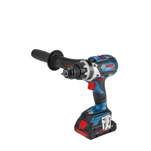 Blauer Bosch Professional 18V Akku-Bohrschrauber GSR 18V-110 C mit Zusatzhandgriff für präzise Bohr- und Schraubarbeiten.