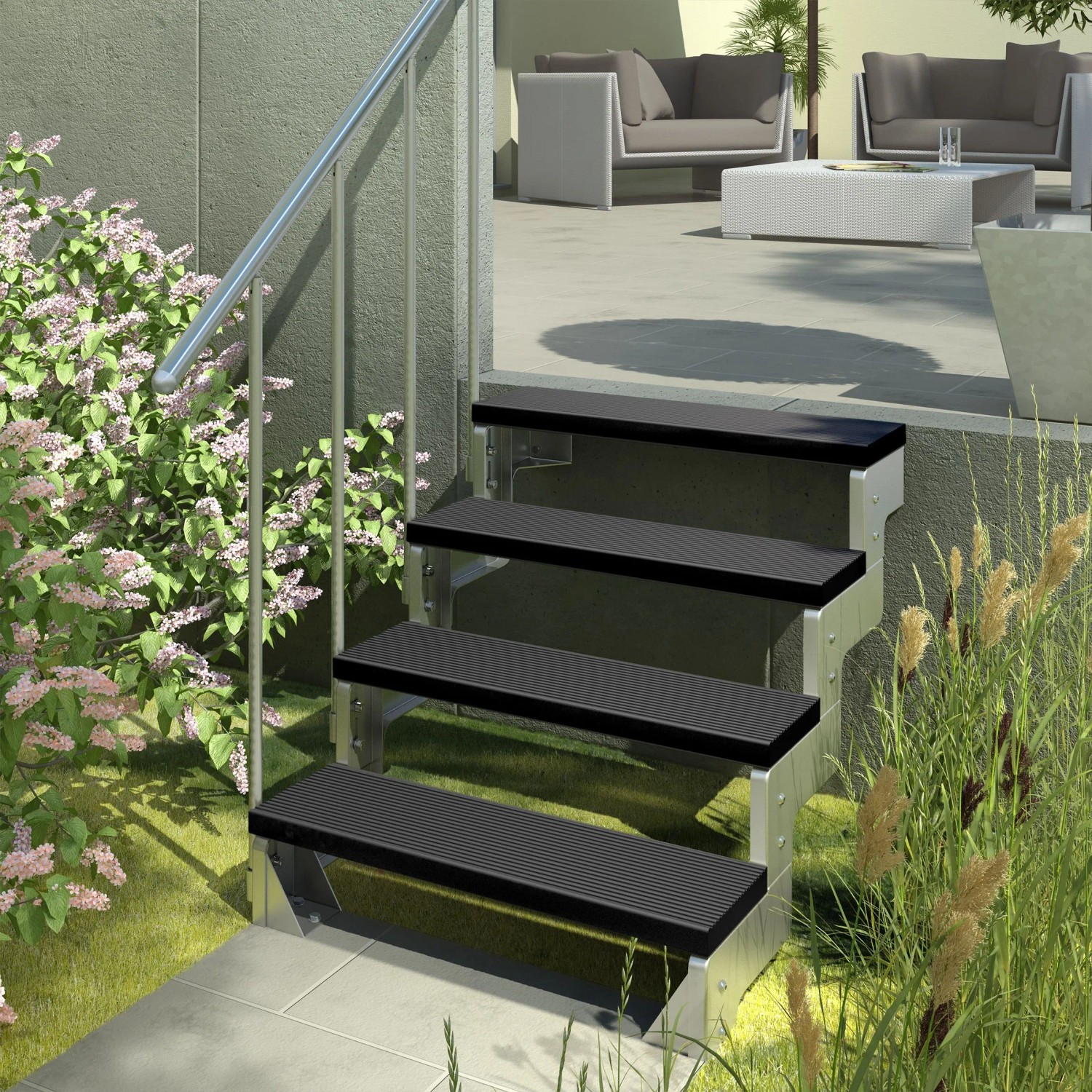 Dolle Außentreppe Gardentop mit 4 Stufen, anthrazit, mit Alu-Geländer. Komfortabler Zugang zum Garten.