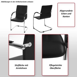 Schwarzer MCW Konferenzstuhl Samara. Verchromtes Freischwinger-Gestell, Armlehnen, pflegeleichte Oberfläche, abgerundete Kanten.