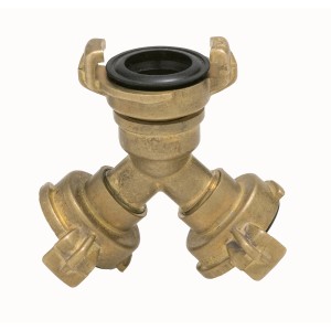 2-Wege Messing Verteiler für Gartenschläuche mit Schnellkupplungssystem.