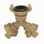 2-Wege Messing Verteiler für Gartenschläuche mit Schnellkupplungssystem.