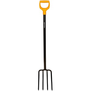 Fiskars Spatengabel Solid mit gelbem D-Griff und vier Zinken für Gartenarbeiten.