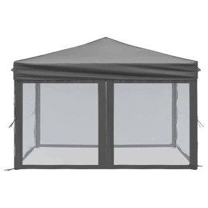 Anthrazitfarbenes, faltbares Partyzelt 3x3 m mit Seitenwänden für den Garten.