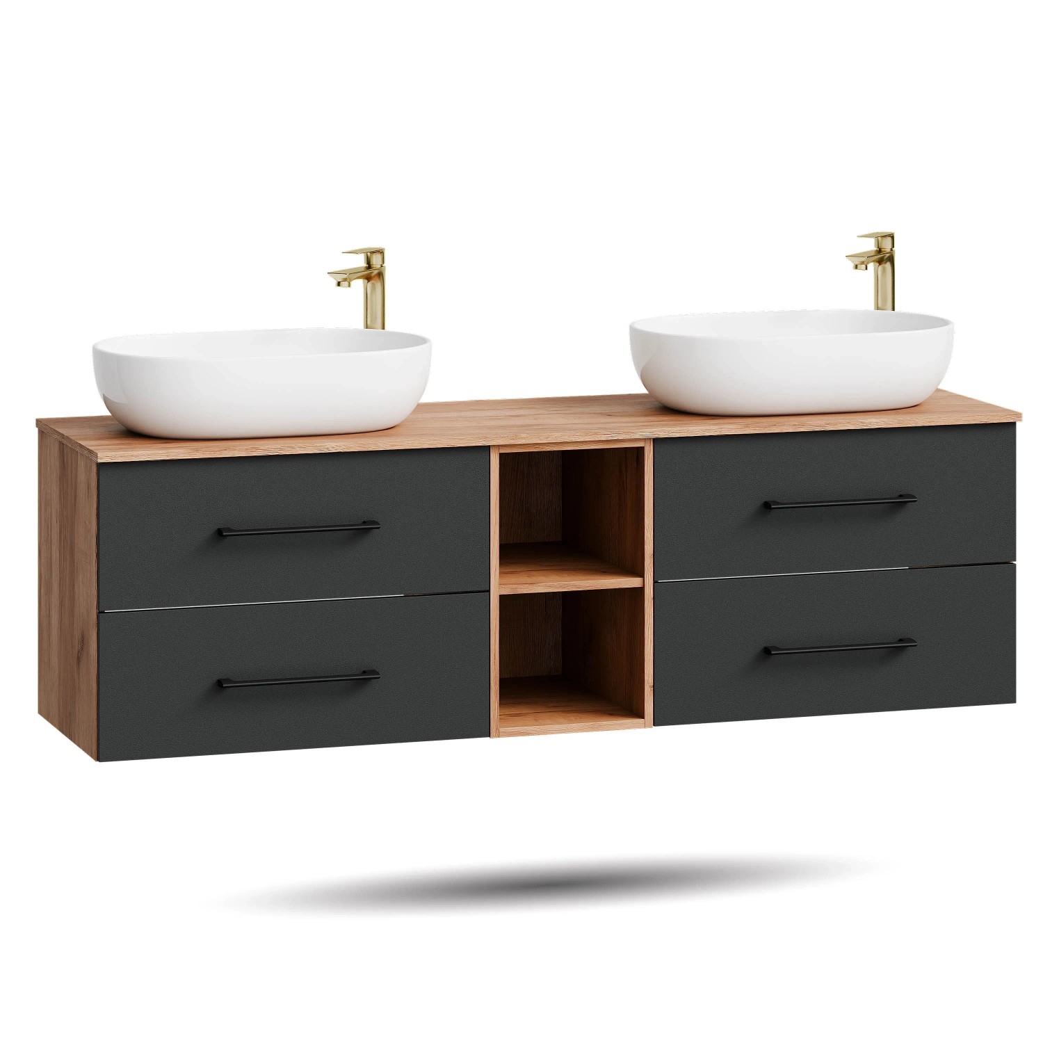 Planetmöbel LUX Doppelwaschtisch 170 cm mit 2 Aufsatzwaschbecken 60 cm Weiß Regal Soft Close