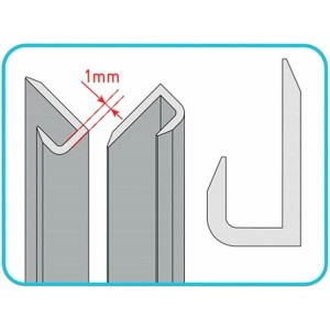 Technische Zeichnung von Aluminium U- und J-Profilen für Duschrückwände, zeigt 1mm Spalt. Montagezubehör.