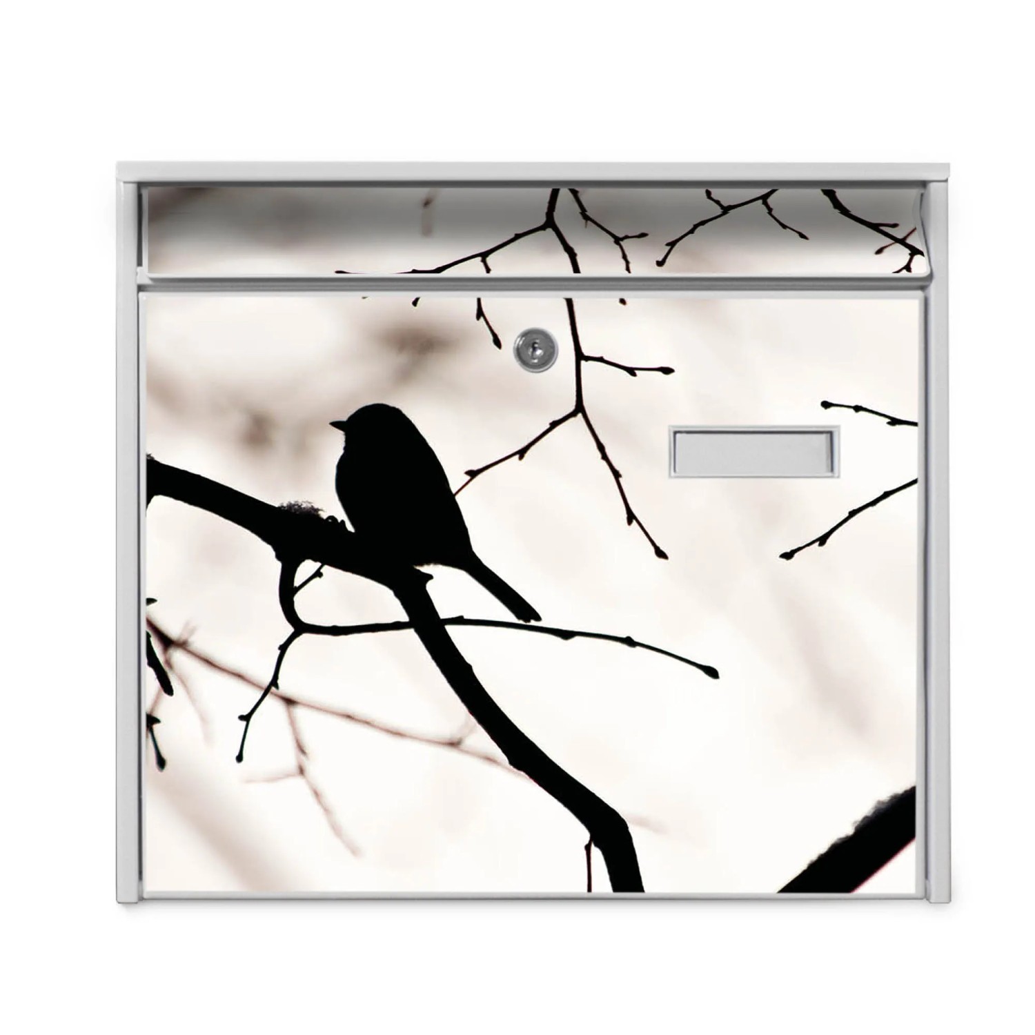 Weißer Banjado Briefkasten mit Vogel-Motiv, inkl. Montagematerial und Schlüsseln.