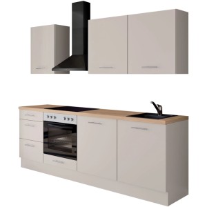 Impuls Küchenzeile 230 cm in Magnolienweiß mit Eiche-Arbeitsplatte, Backofen, Spüle, Hängeschränken und schwarzer Dunstabzugshaube.