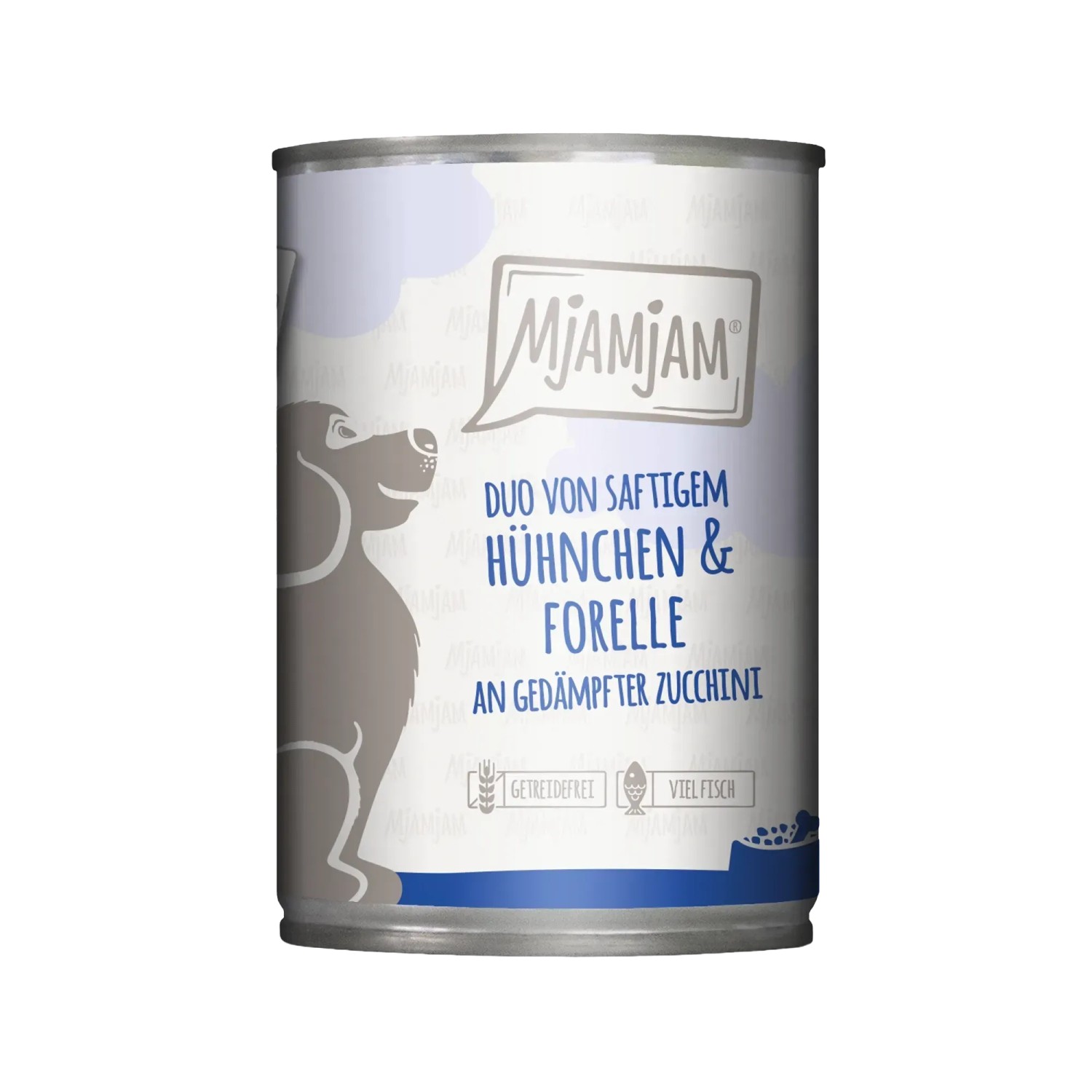 Mjamjam Hunde-Nassfutter Duo Hühnchen & Forelle mit Zucchini, 400g Dose.