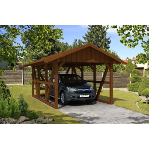 Skan Holz Carport Schwarzwald in Nussbraun mit Rückwand und Dachschalung, Auto steht darunter.