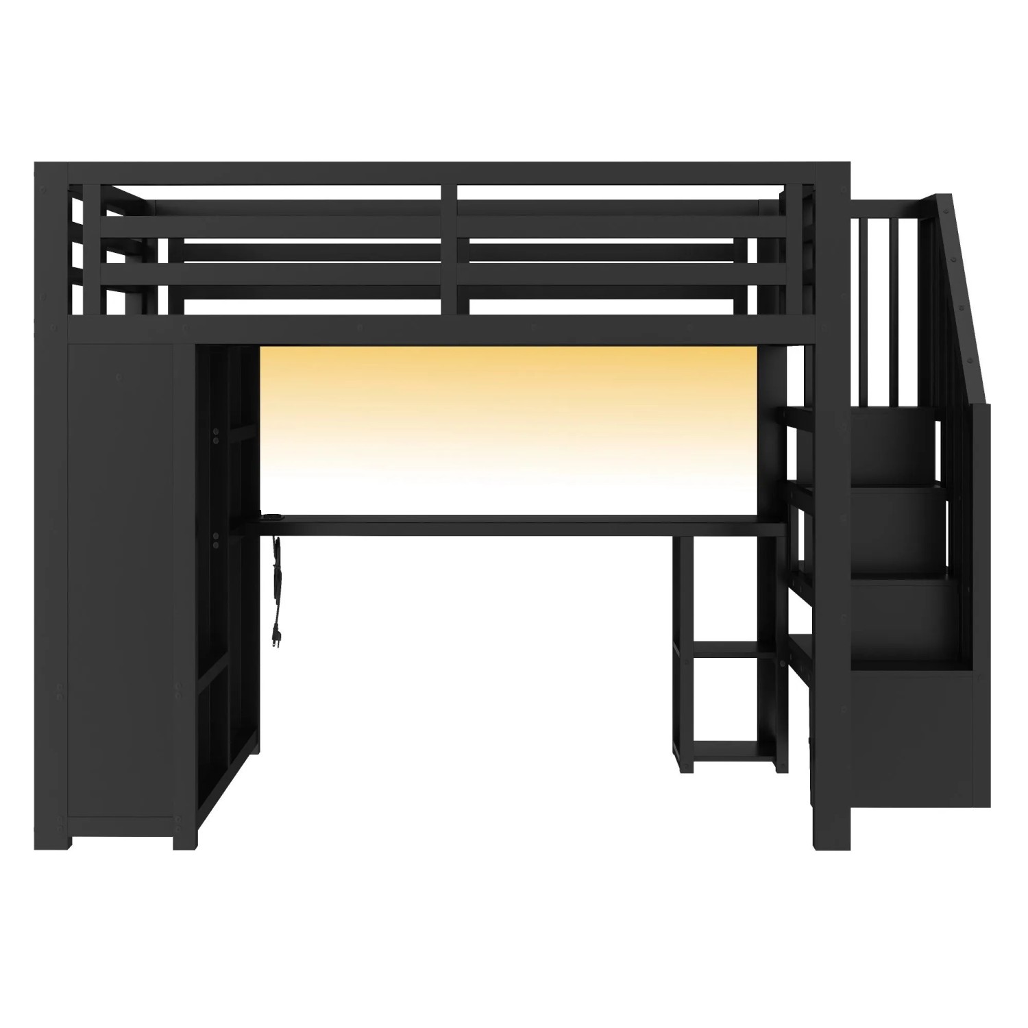 Merax Gaming Metall Hochbett 140x200 cm Mit USB LED Schreibtisch Kleiderschrank Treppe Schwarz