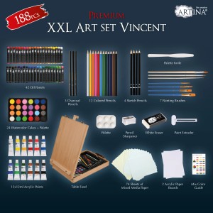 Artina Vincent Staffelei Malset, 188-teilig mit Farben, Stiften, Pinseln und Zubehör.