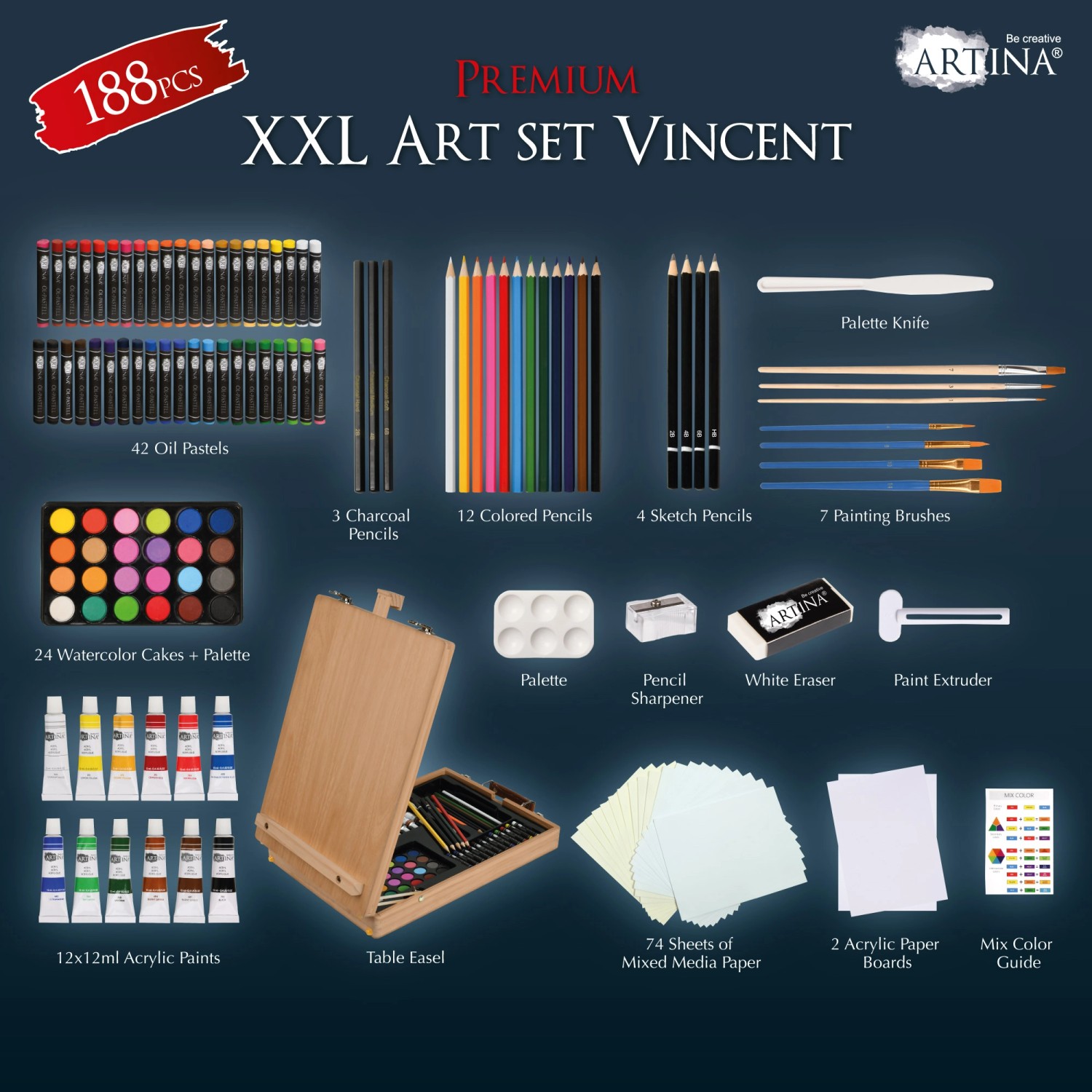 Artina Vincent Staffelei Malset, 188-teilig mit Farben, Stiften, Pinseln und Zubehör.