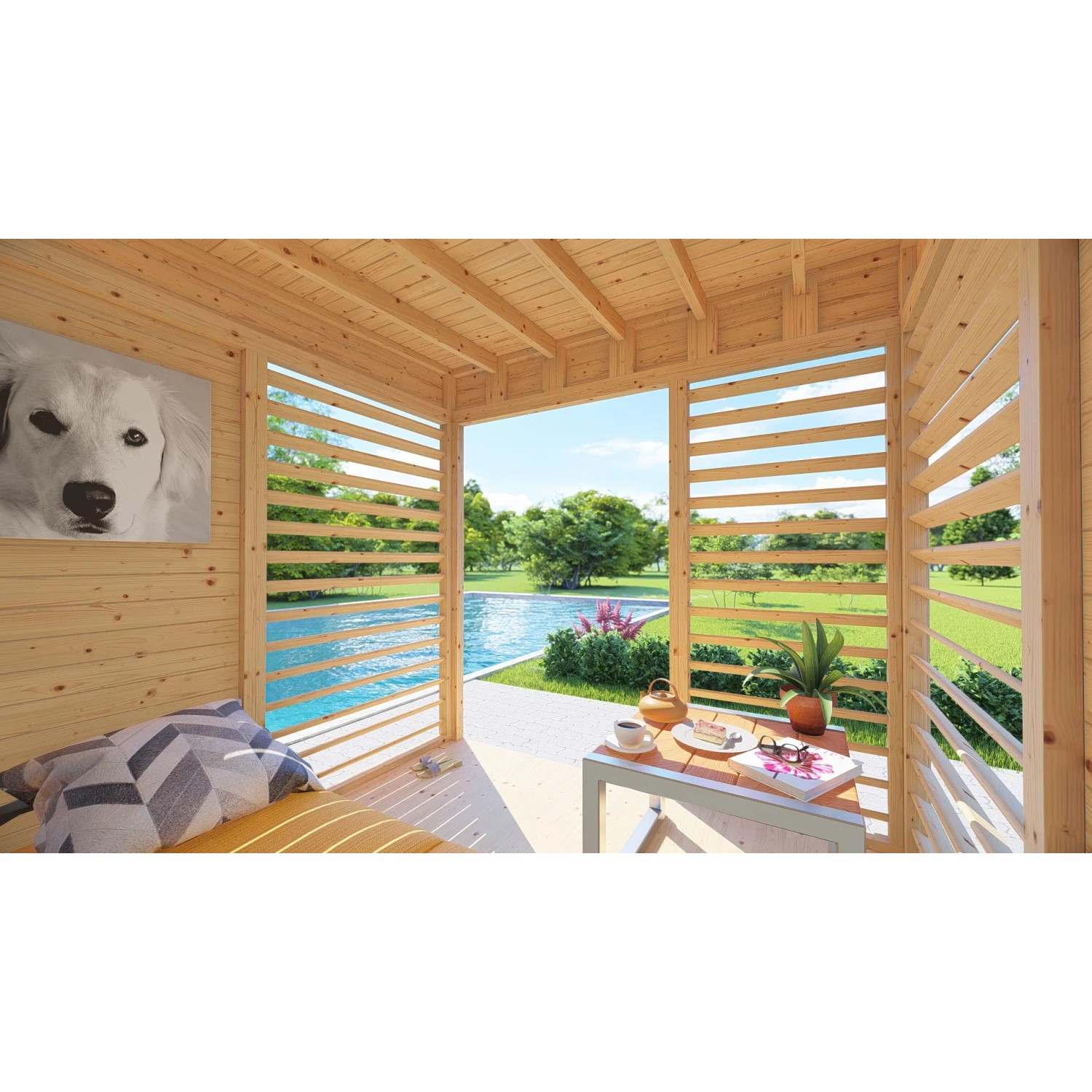 Bertilo Pavillon Garten-Lounge aus Holz, 234x226cm, mit Lamellenwand und Blick in den Garten.