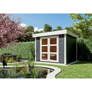 Kiehn-Holz Gartenhaus KH 28-110, naturbelassen, 250x250 cm, mit Doppeltür, im Garten.