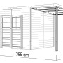 Bertilo Elementgartenhaus Alster 4 Plus XL: Gartenhaus aus Holz mit Unterstand und Maßangaben.