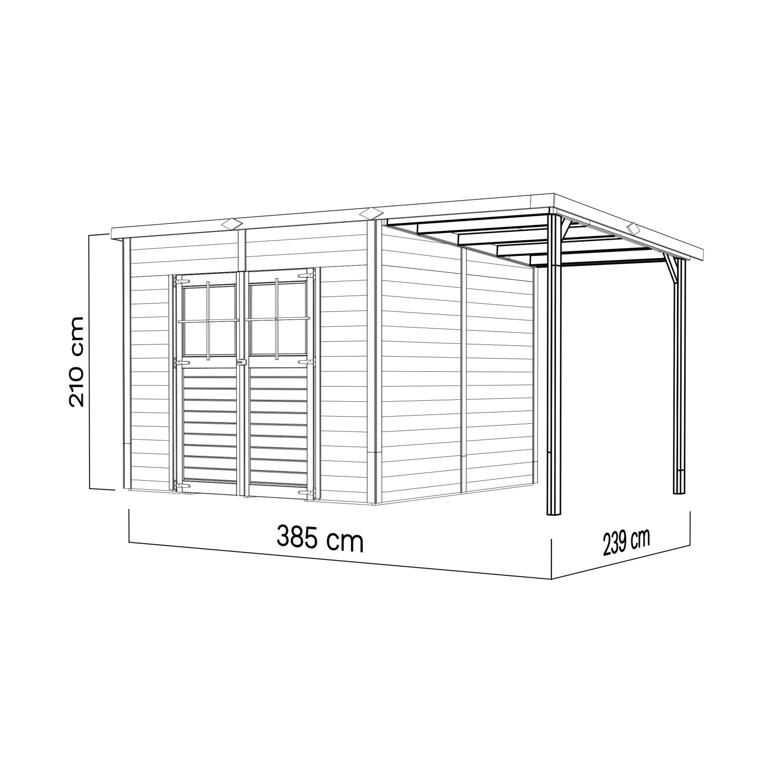 Bertilo Elementgartenhaus Alster 4 Plus XL: Gartenhaus aus Holz mit Unterstand und Maßangaben.