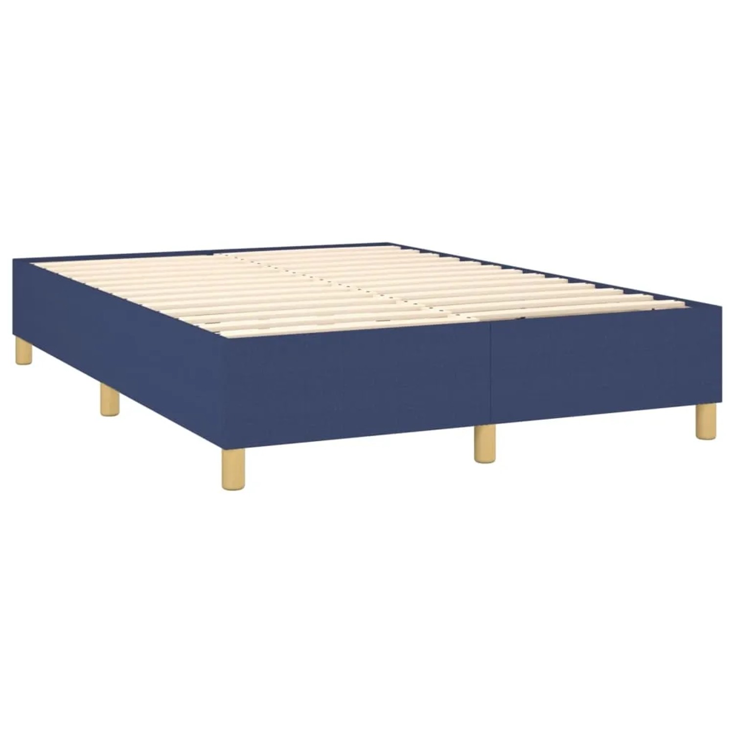 Blaues vidaXL Boxspringbett (140x200 cm) mit Stoffbezug und Holzfüßen.