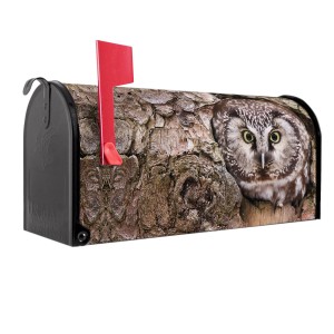 Schwarzer Banjado US Briefkasten mit Eulen Motiv und roter Fahne.
