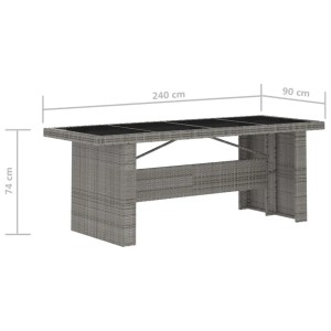 Grauer vidaXL Gartentisch aus Polyrattan mit Glasplatte, Teil der 7-tlg. Essgruppe.