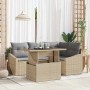 Beiges Gartenmöbel-Set: Sofa, Sessel und Tisch aus Poly-Rattan mit grauen Kissen.