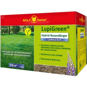 Wolf Garten LupiGreen Hybrid-Rasendünger Langzeit, 5kg Packung für 110m² Rasenfläche.