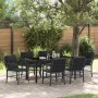 Schwarze 7-teilige vidaXL Garten Essgruppe aus Polyrattan mit Kissen.