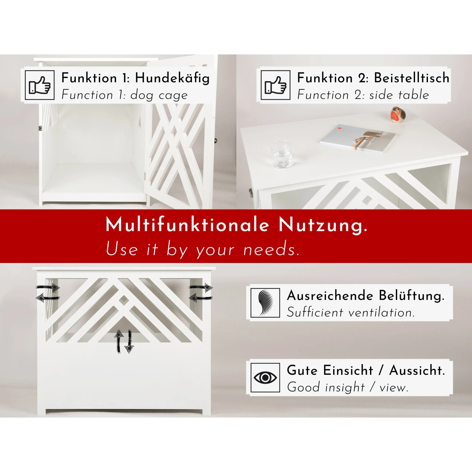 WONDERMAKE Design Hundekäfig Schrank cavea1, weißes Holz, multifunktional als Möbel & Beistelltisch.
