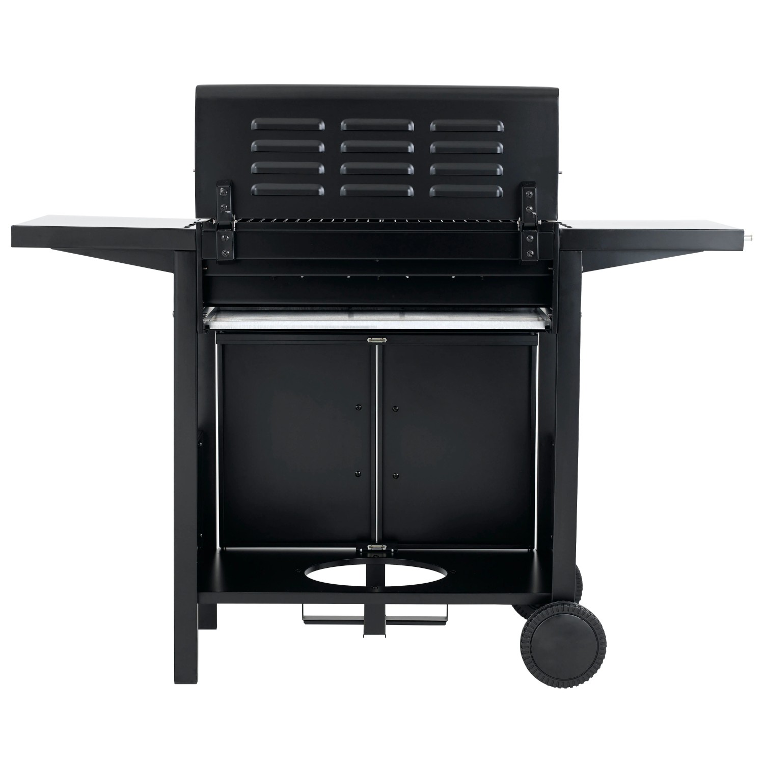 Schwarzer tepro Gasgrill Mayfield mit 3 Brennern, Seitentischen und Unterschrank.