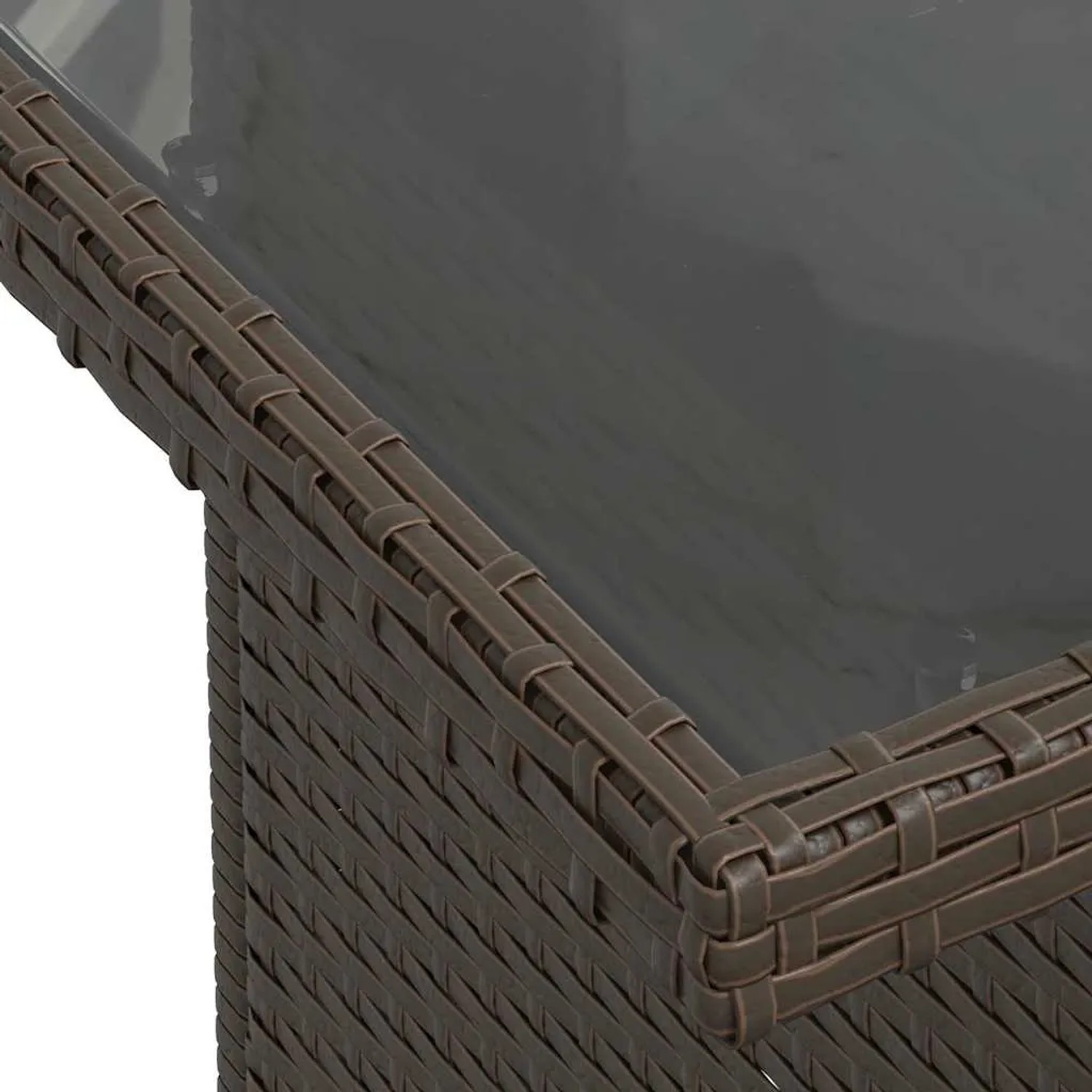 Detailansicht Tischplatte aus Glas und braunem Polyrattan des vidaXL Garten-Sofa-Sets.