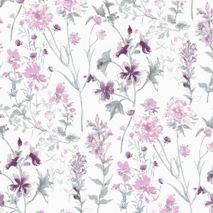 Laura Ashley Vliestapete Wild Meadow Pale Iris mit Blumenmuster in Lila- und Grautönen.