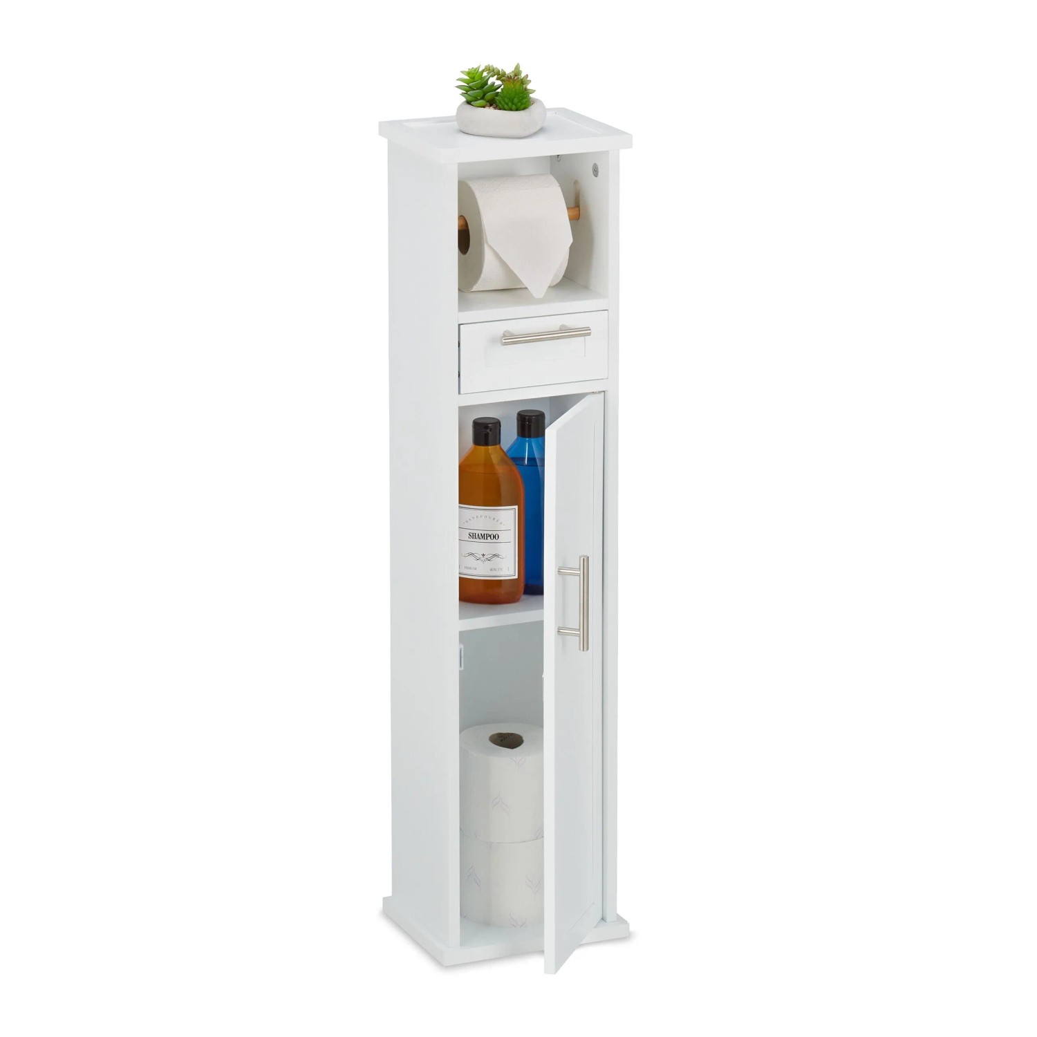 Relaxdays Toilettenpapierschrank MDF Bambus Metall Weiß Stehend 87,5 cm x 22 cm x 17,5 cm 5,4 kg