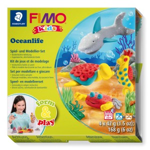 Staedtler Fimo Kids Oceanlife Set mit Hai, Schildkröte, Krebs und Seepferdchen.