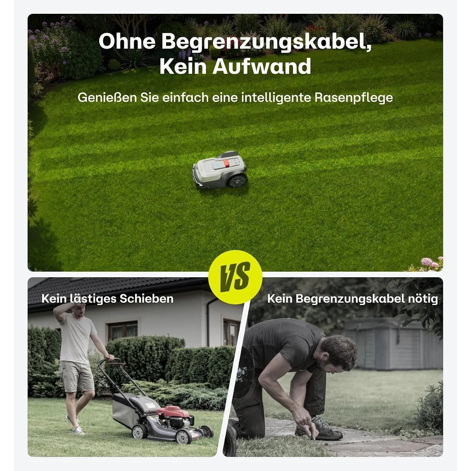 RoboUP T600 Mähroboter kabellos im Garten. Vergleich: manuelles Mähen vs. Begrenzungskabel verlegen.