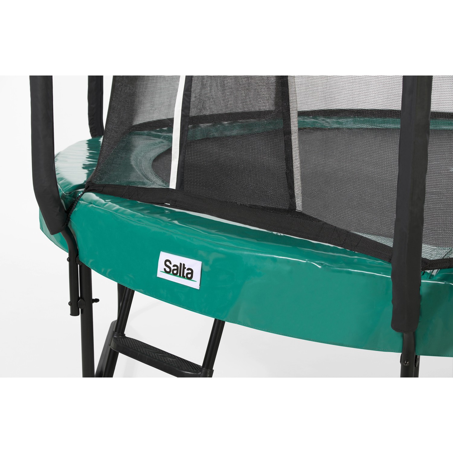 Detailansicht: Grünes Salta Trampolin First Class ø 366 cm mit Sicherheitsnetz und Leiter.