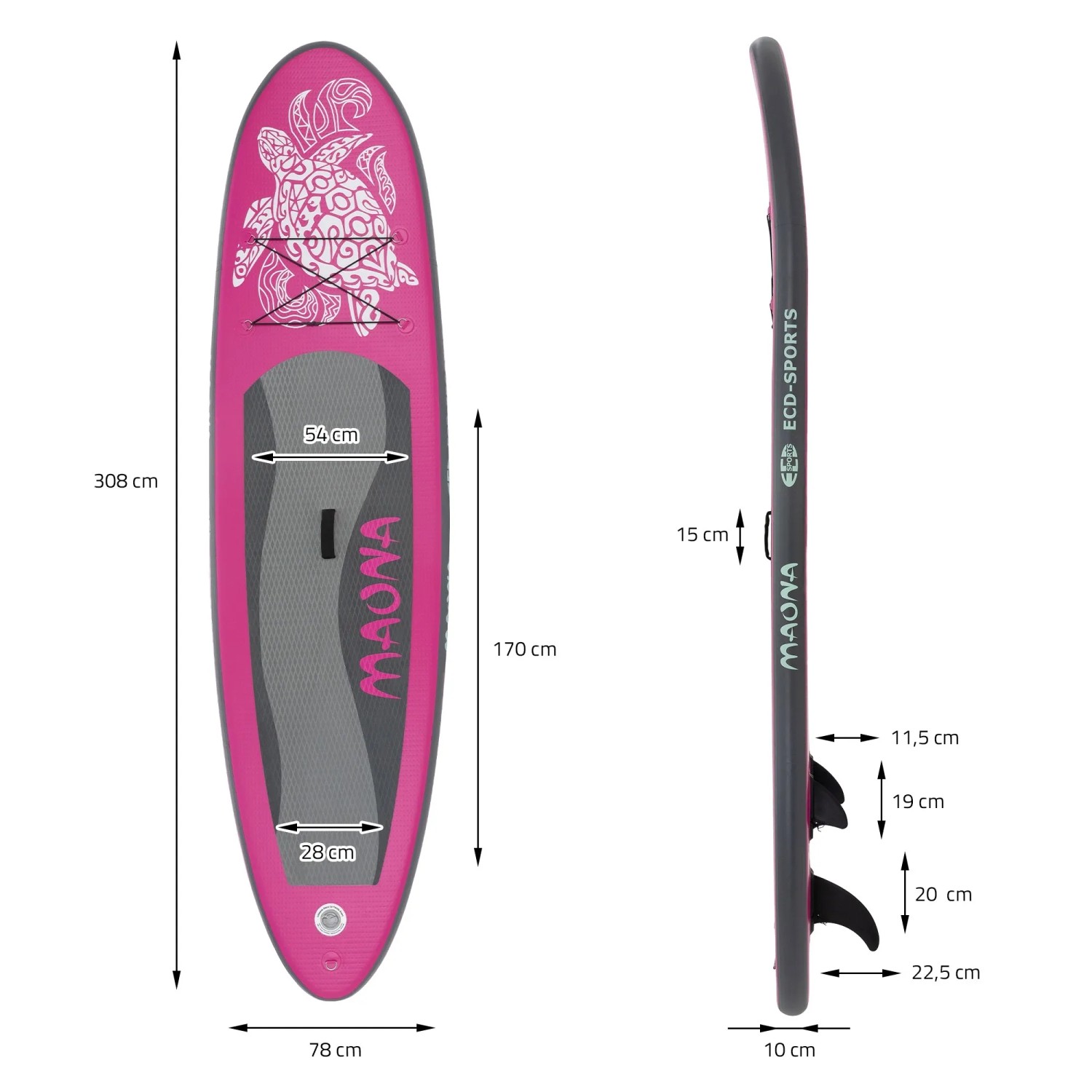 Abmessungen des rosa ECD Germany Stand Up Paddle Boards Maona 308. Ideal für Wassersport.