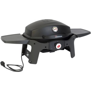 Schwarzer Landmann Elektrogrill Pantera mit Deckelthermometer und Seitentischen.