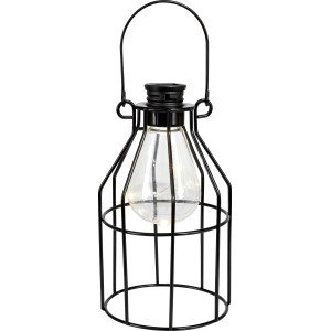 Schwarze LED Solar-Laterne aus Metall, 10x10x17 cm, mit Aufhängebügel und warmweißen LEDs.