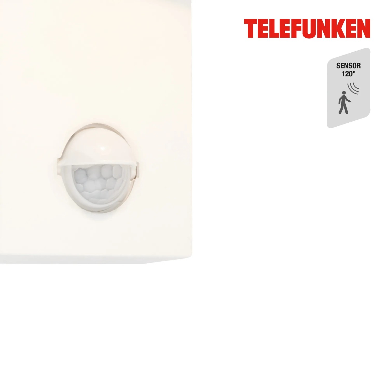 Weiße Telefunken LED-Außenwandleuchte mit Sensor, Nahansicht.