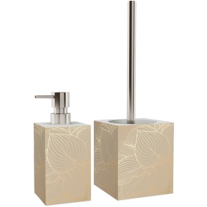 SANILO Bad Set Hosta: Seifenspender und WC-Bürste mit goldenem Blattmuster.