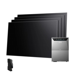 Anker SOLIX Balkonkraftwerk mit 4 schwarzen Solarmodulen, grauer Solarbank und Smart Meter für Solarenergie.