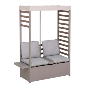 Graues Sunjoy Gartensofa Faro aus Stahl mit Dach, Ablage und grauen Kissen. Ideal für Balkon und Garten.