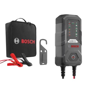 Bosch Batterieladegerät C30 mit Tasche, Klemmen und Haken für Autoelektrik.