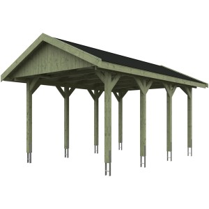 Grüner Satteldach-Carport Wallgau mit schwarzen Schindeln, Holzkonstruktion.