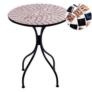 Beliani Gartentisch CARPINO, schwarz-gold-grau, Mosaik-Tischplatte, runder Bistrotisch für Balkon und Terrasse.
