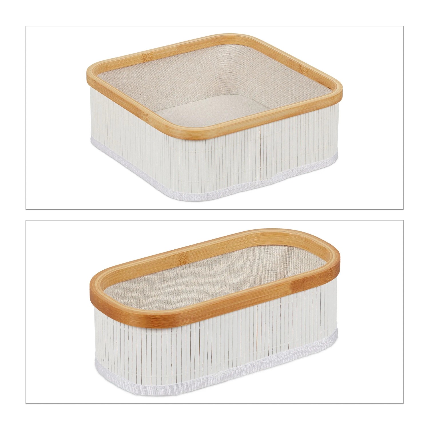 Relaxdays Aufbewahrungskorb Bambus Weiß Creme 3er Set Stapelbar 33,5 cm x 33,5 cm x 12,5 cm