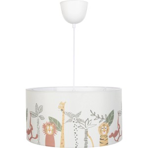 Kinderzimmer-Pendelleuchte Safari Adventure mit Tierprint, Ø 40 cm. Bunte Dschungel-Motive auf weißem Lampenschirm.