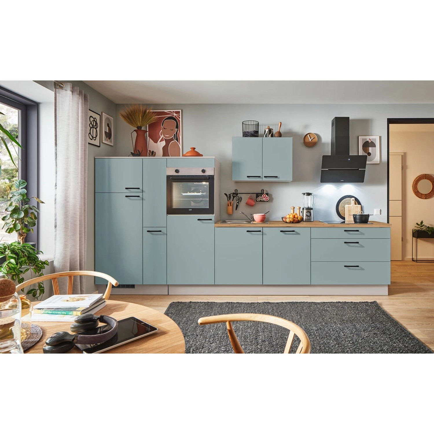 pino Küchenzeile 360 cm Fjordgrün Anschlag,inks 1 Geräte-, 1 Apothekerschrank